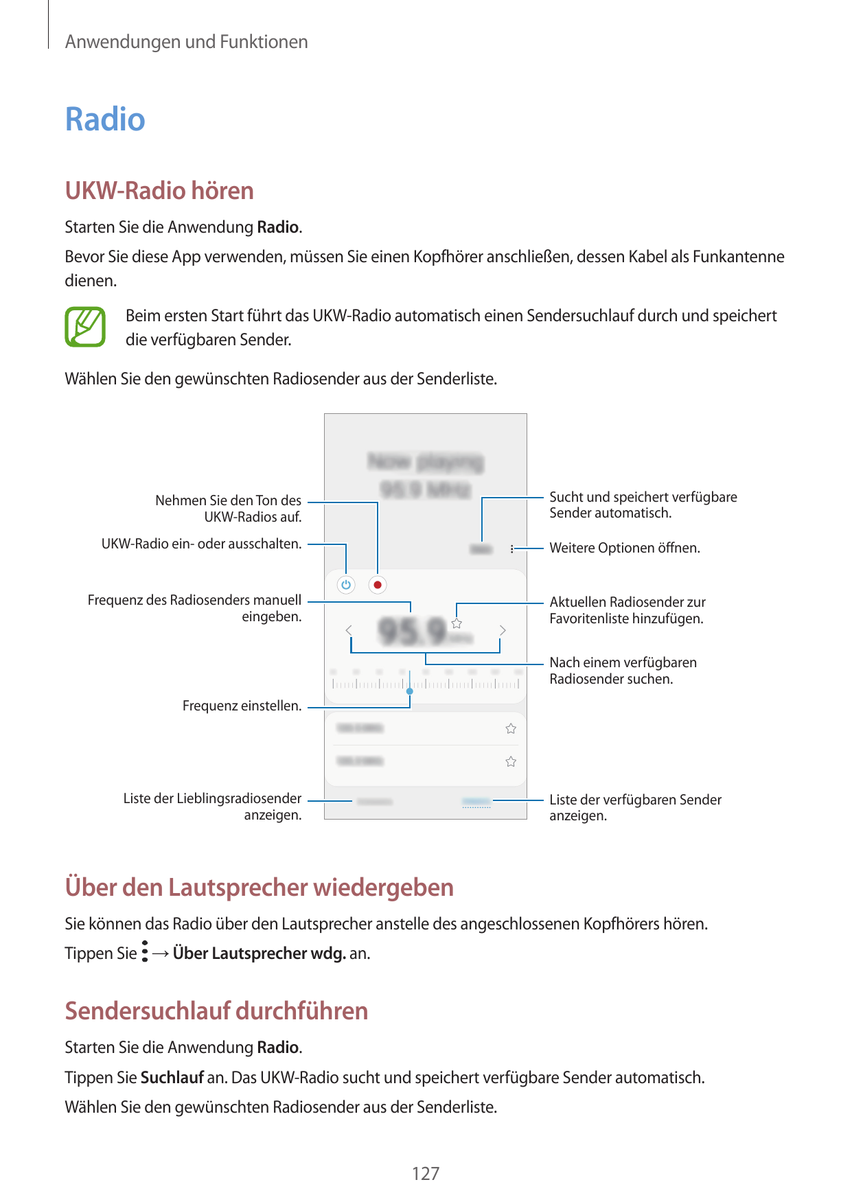 Anwendungen und FunktionenRadioUKW-Radio hörenStarten Sie die Anwendung Radio.Bevor Sie diese App verwenden, müssen Sie einen Ko