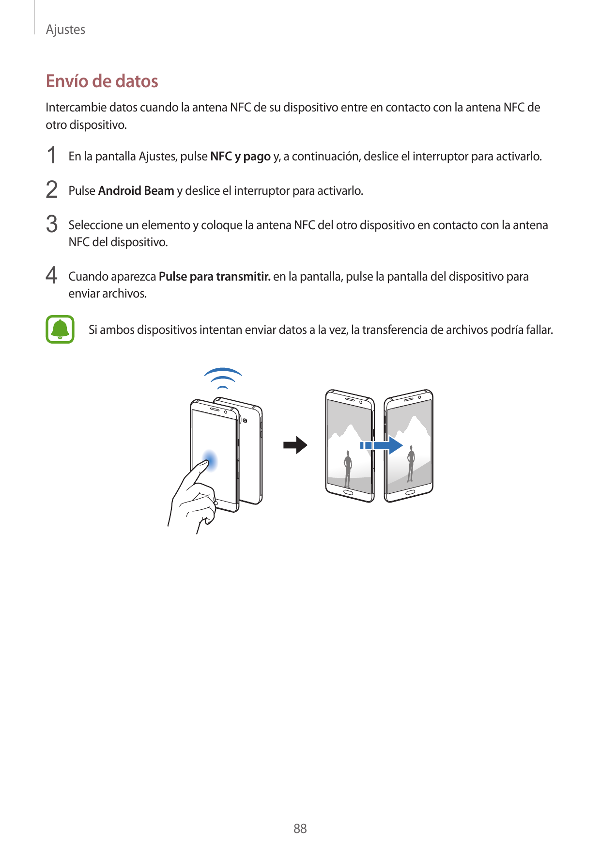 AjustesEnvío de datosIntercambie datos cuando la antena NFC de su dispositivo entre en contacto con la antena NFC deotro disposi