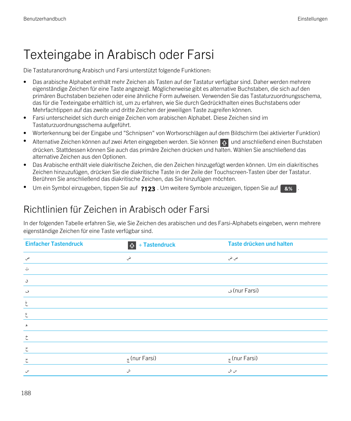 BenutzerhandbuchEinstellungenTexteingabe in Arabisch oder FarsiDie Tastaturanordnung Arabisch und Farsi unterstützt folgende Fun