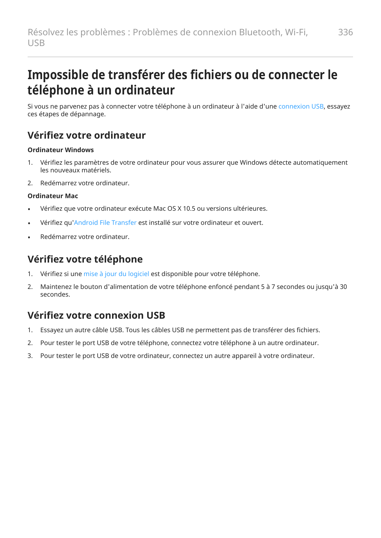 Résolvez les problèmes : Problèmes de connexion Bluetooth, Wi-Fi,USB336Impossible de transférer des fichiers ou de connecter let