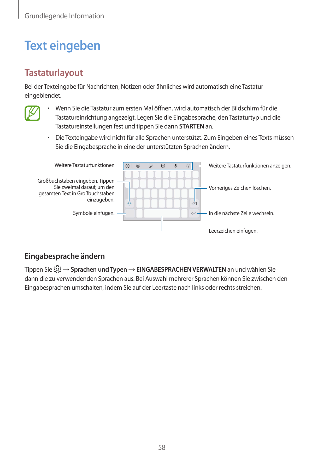 Grundlegende InformationText eingebenTastaturlayoutBei der Texteingabe für Nachrichten, Notizen oder ähnliches wird automatisch 