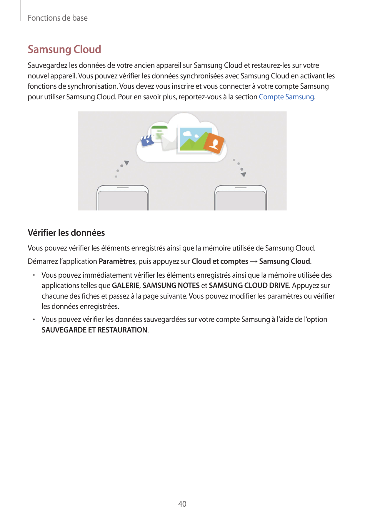 Fonctions de baseSamsung CloudSauvegardez les données de votre ancien appareil sur Samsung Cloud et restaurez-les sur votrenouve