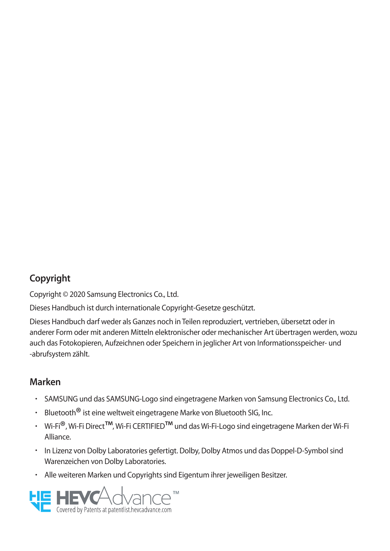 CopyrightCopyright © 2020 Samsung Electronics Co., Ltd.Dieses Handbuch ist durch internationale Copyright-Gesetze geschützt.Dies