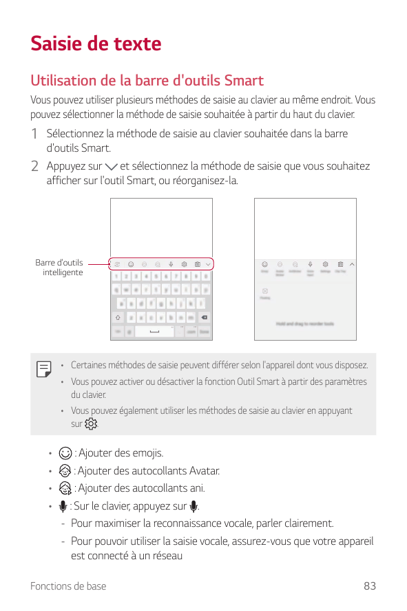 Saisie de texteUtilisation de la barre d'outils SmartVous pouvez utiliser plusieurs méthodes de saisie au clavier au même endroi