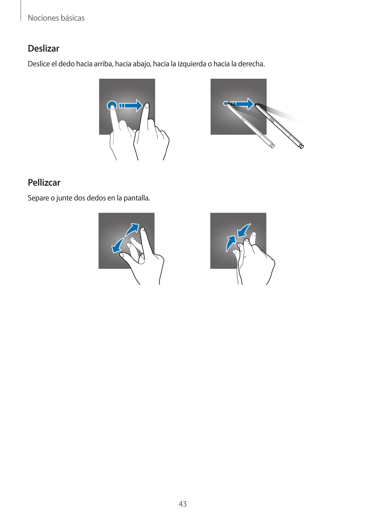 Nociones básicasDeslizarDeslice el dedo hacia arriba, hacia abajo, hacia la izquierda o hacia la derecha.PellizcarSepare o junte
