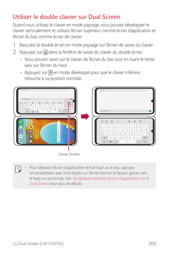 Utiliser le double clavier sur Dual ScreenQuand vous utilisez le clavier en mode paysage, vous pouvez développer leclavier verti