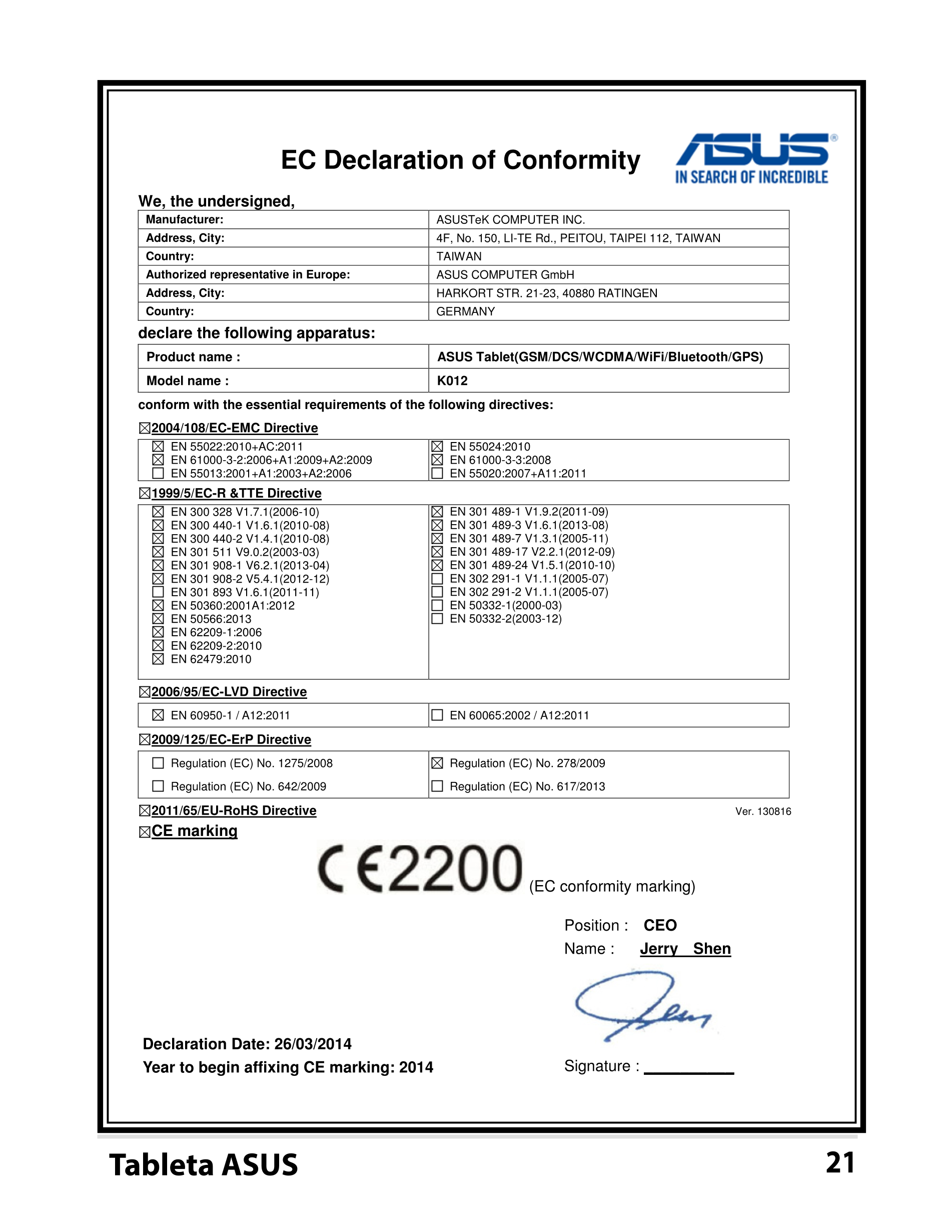  EC Declaration of Conformity 
We, the undersigned, 
Manufacturer:  ASUSTeK COMPUTER INC. 
Address, City:  4F, No. 150, LI-TE R