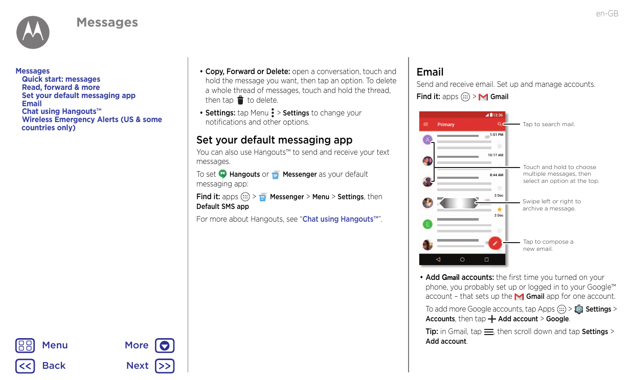 en-GBMessagesMessagesQuick start: messagesRead, forward & moreSet your default messaging appEmailChat using Hangouts™Wireless Em