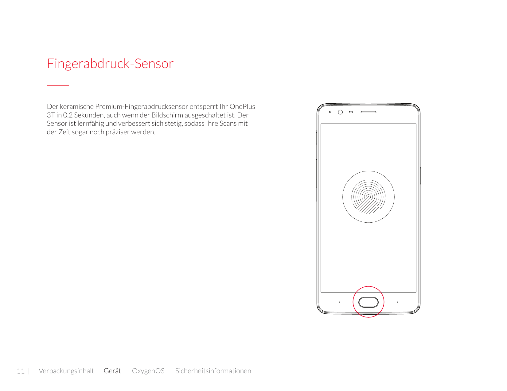 Fingerabdruck-SensorDer keramische Premium-Fingerabdrucksensor entsperrt Ihr OnePlus3T in 0,2 Sekunden, auch wenn der Bildschirm