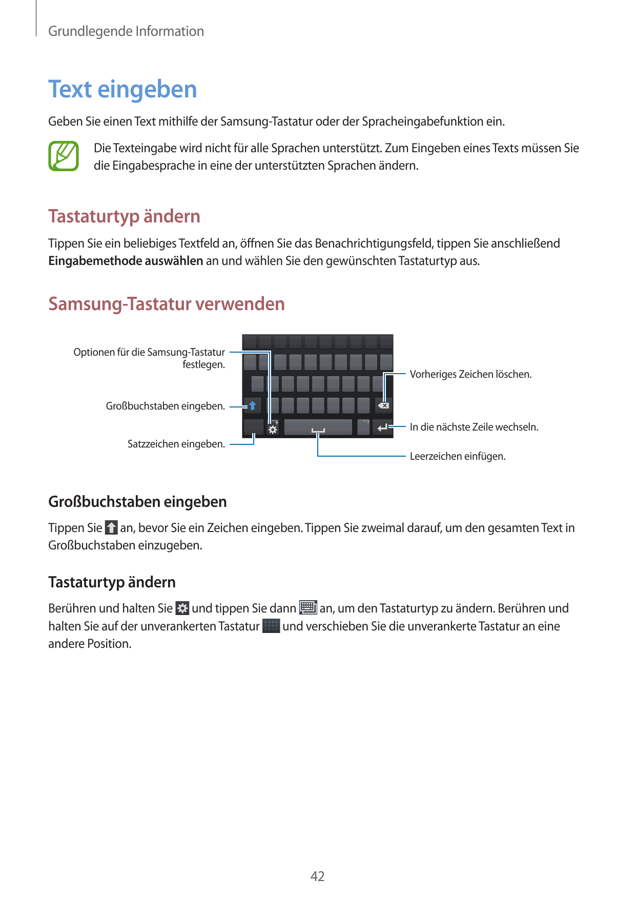 Grundlegende InformationText eingebenGeben Sie einen Text mithilfe der Samsung-Tastatur oder der Spracheingabefunktion ein.Die T