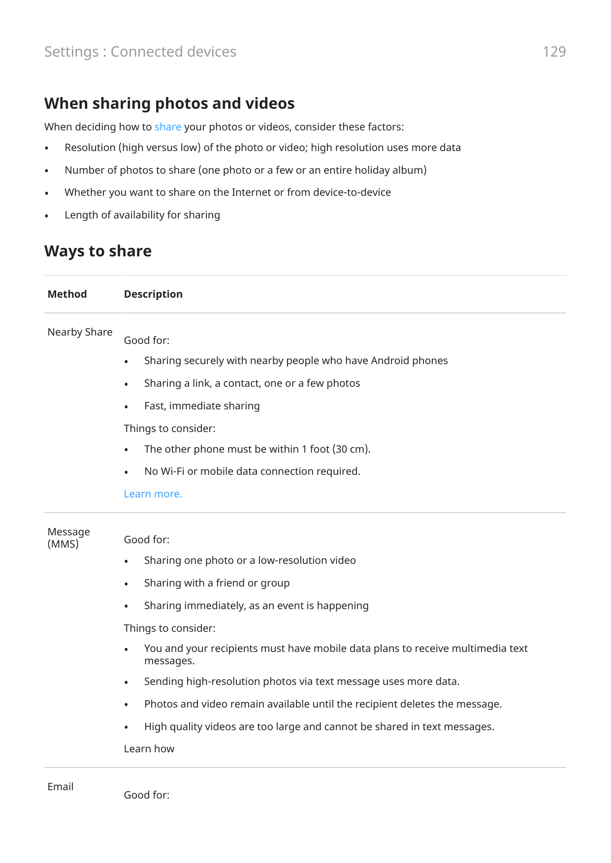 Settings : Connected devicesWhen sharing photos and videosWhen deciding how to share your photos or videos, consider these facto