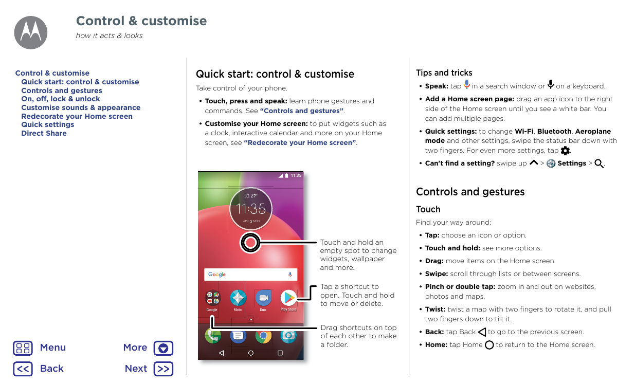 Control & customisehow it acts & looksControl & customiseQuick start: control & customiseControls and gesturesOn, off, lock & un