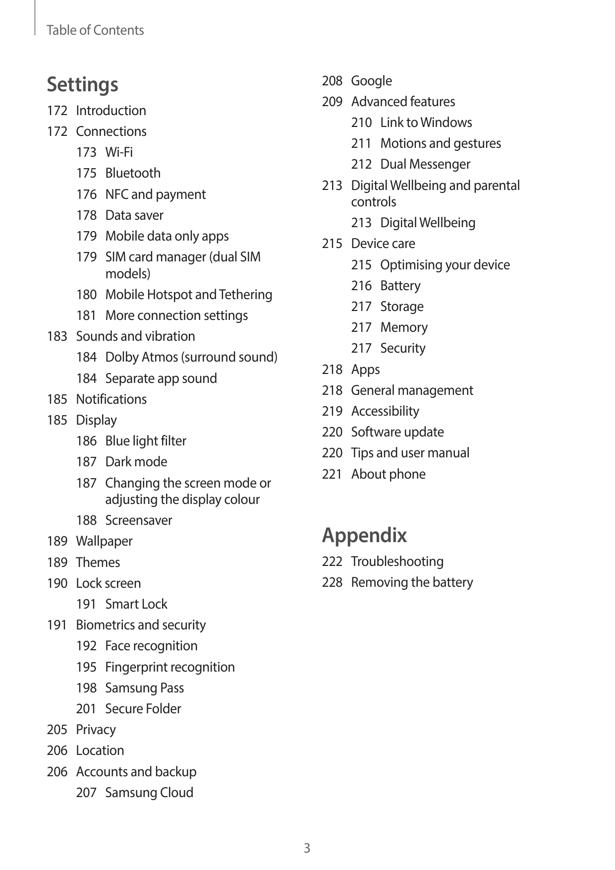Table of ContentsSettings208Google209 Advanced features210 Link to Windows211 Motions and gestures212 Dual Messenger213 Digital 