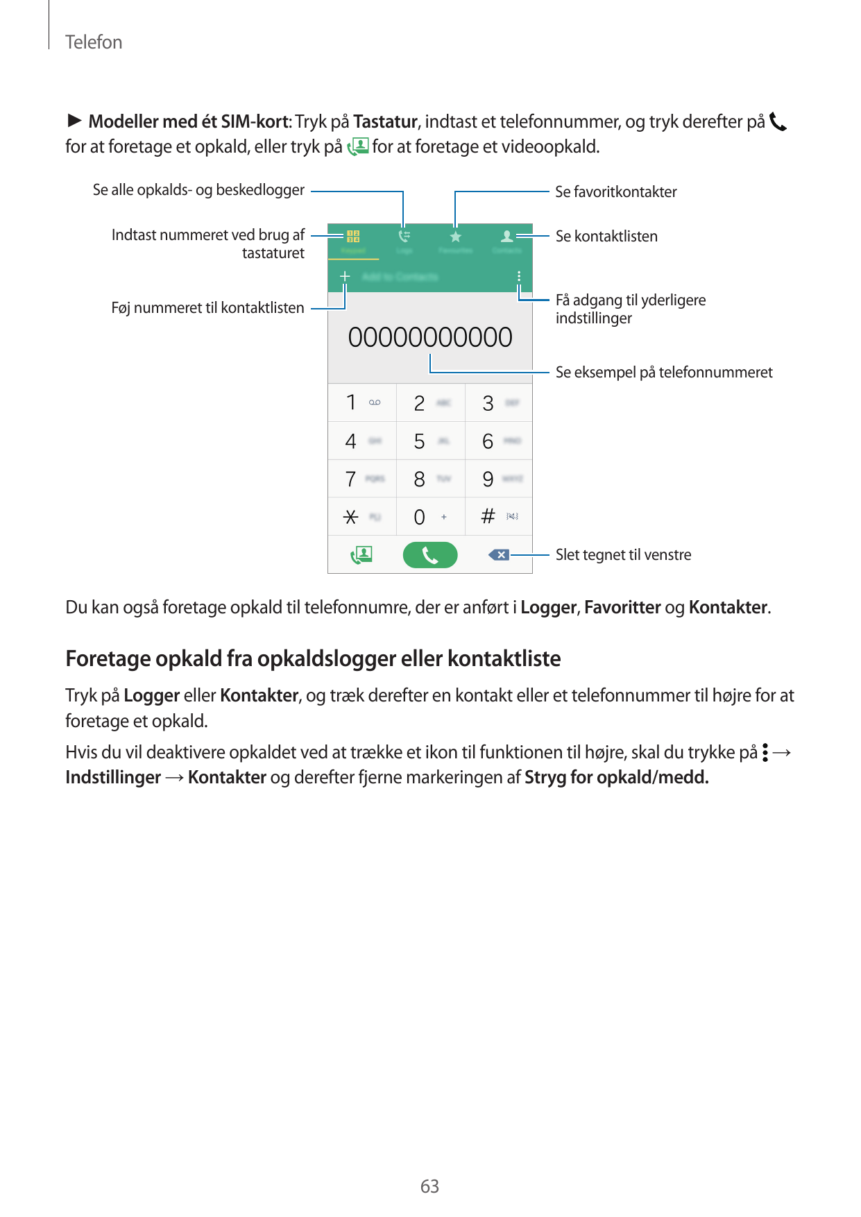 Telefon► Modeller med ét SIM-kort: Tryk på Tastatur, indtast et telefonnummer, og tryk derefter påfor at foretage et opkald, ell