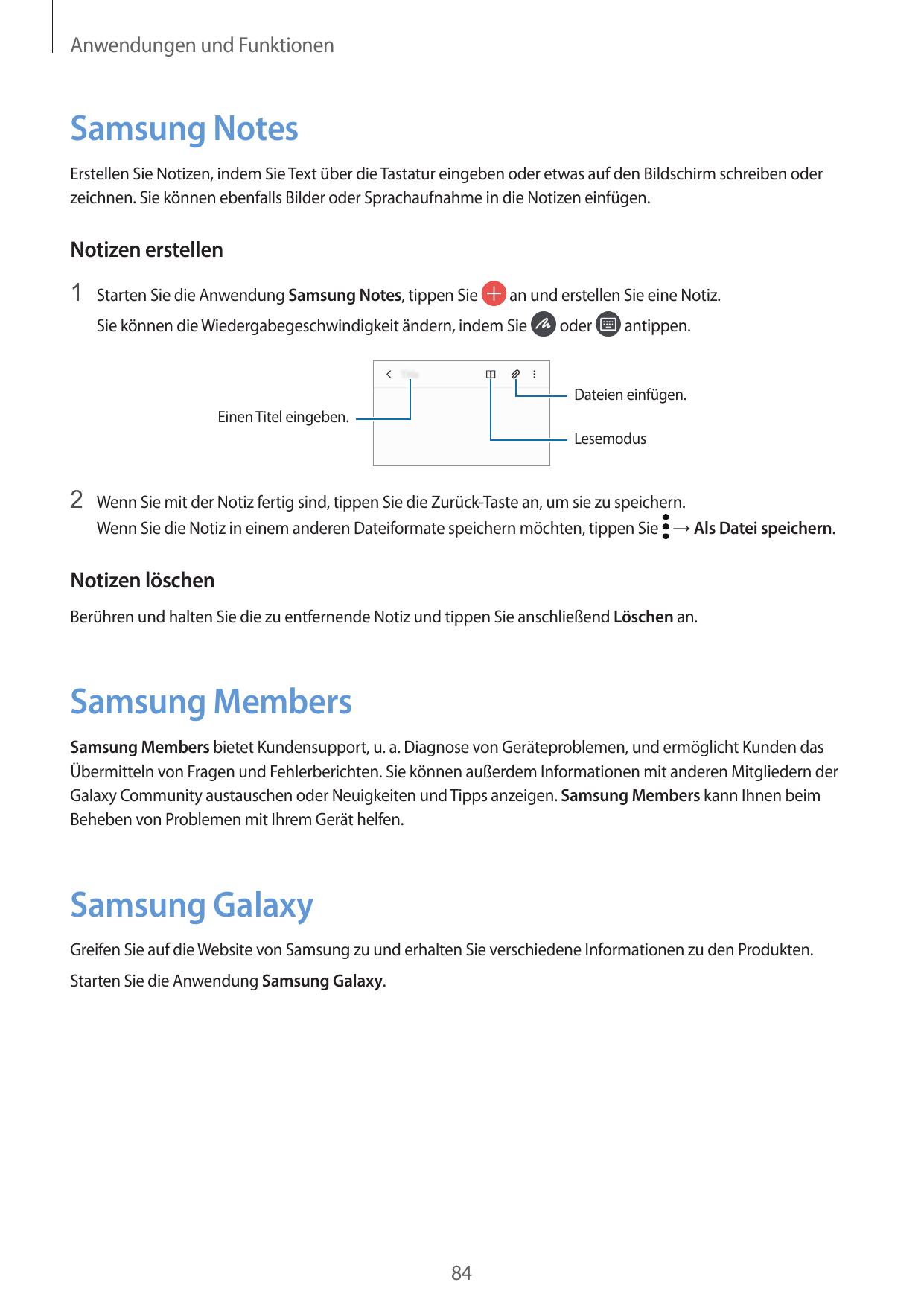 Anwendungen und FunktionenSamsung NotesErstellen Sie Notizen, indem Sie Text über die Tastatur eingeben oder etwas auf den Bilds