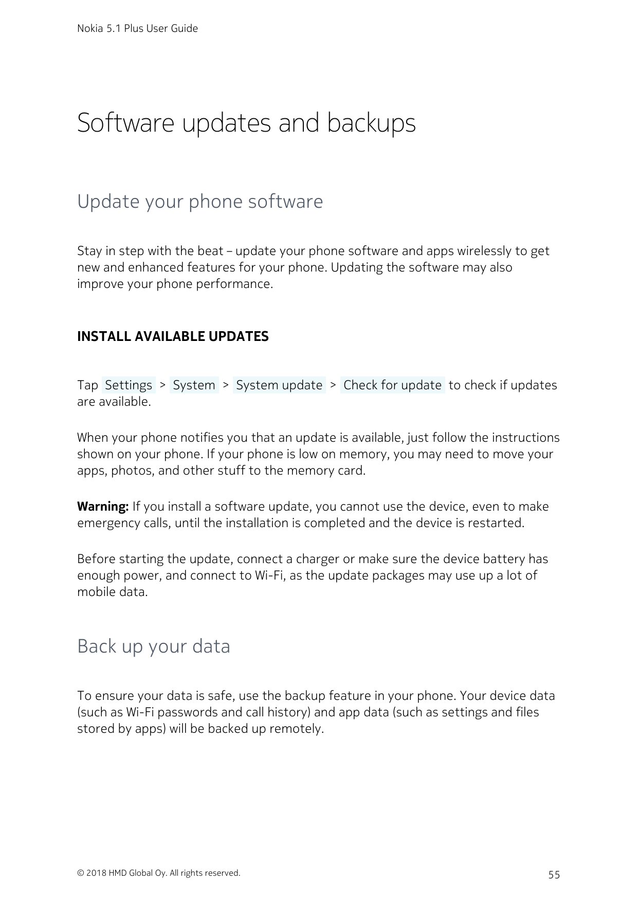 Nokia 5.1 Plus User GuideSoftware updates and backupsUpdate your phone softwareStay in step with the beat – update your phone so