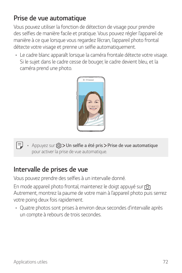 Prise de vue automatiqueVous pouvez utiliser la fonction de détection de visage pour prendredes selfies de manière facile et pra