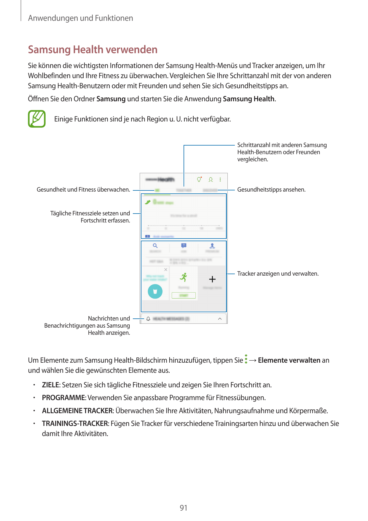 Anwendungen und FunktionenSamsung Health verwendenSie können die wichtigsten Informationen der Samsung Health-Menüs und Tracker 