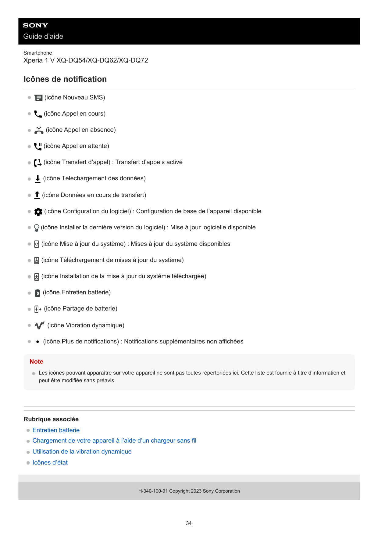 Guide d’aideSmartphoneXperia 1 V XQ-DQ54/XQ-DQ62/XQ-DQ72Icônes de notification(icône Nouveau SMS)(icône Appel en cours)(icône Ap