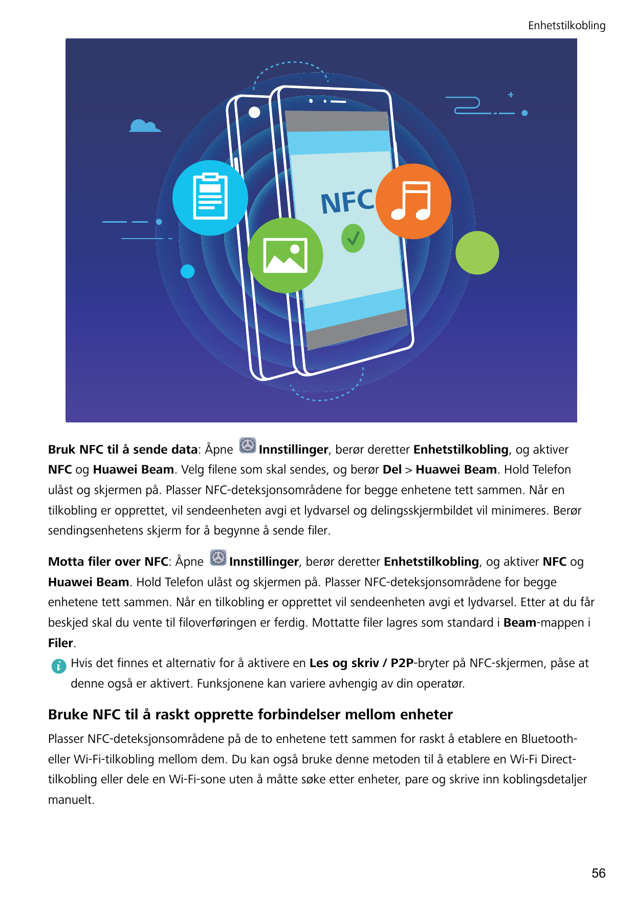 EnhetstilkoblingNFCBruk NFC til å sende data: ÅpneInnstillinger, berør deretter Enhetstilkobling, og aktiverNFC og Huawei Beam. 