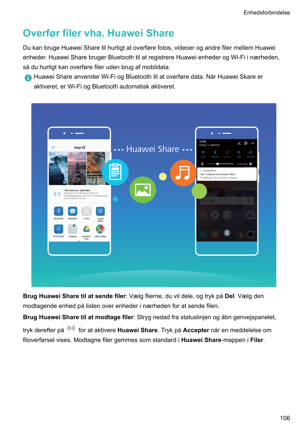 EnhedsforbindelseOverfør filer vha. Huawei ShareDu kan bruge Huawei Share til hurtigt at overføre fotos, videoer og andre filer 