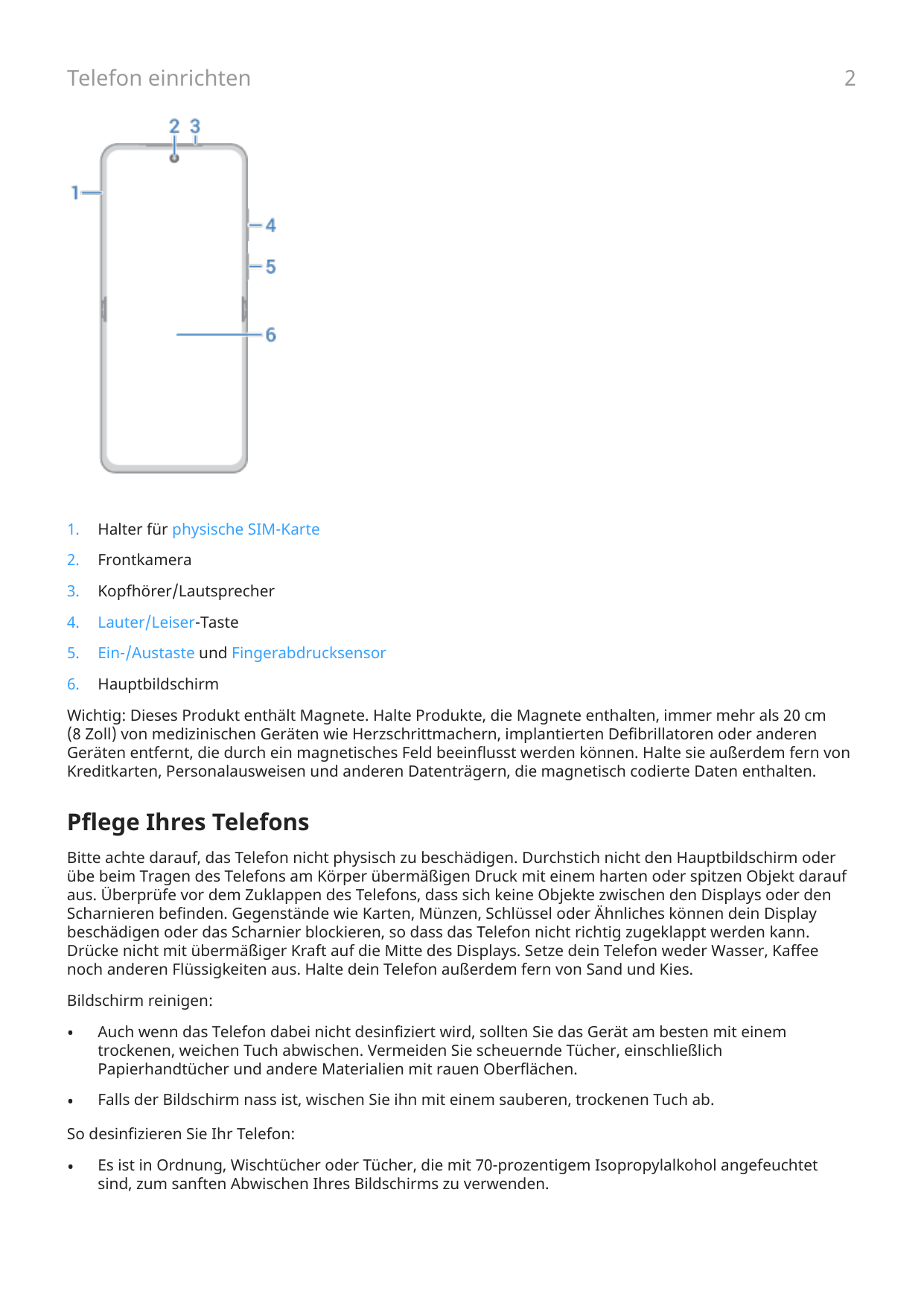 Telefon einrichten1.Halter für physische SIM-Karte2.Frontkamera3.Kopfhörer/Lautsprecher4.Lauter/Leiser-Taste5.Ein-/Austaste und 