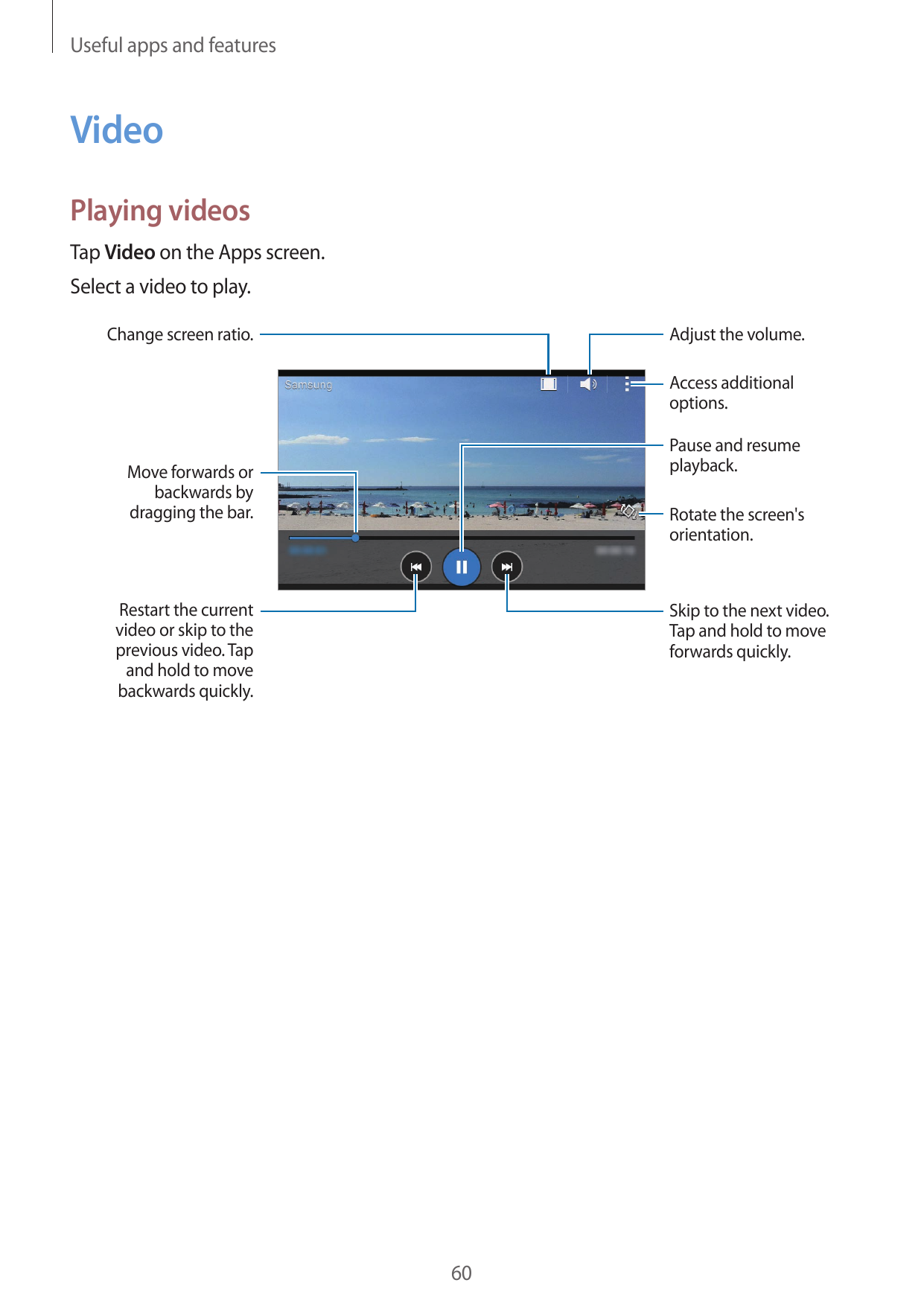 Useful apps and featuresVideoPlaying videosTap Video on the Apps screen.Select a video to play.Adjust the volume.Change screen r