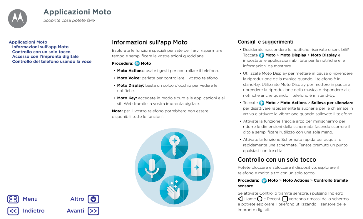 Applicazioni MotoScoprite cosa potete fareApplicazioni MotoInformazioni sull'app MotoControllo con un solo toccoAccesso con l'im