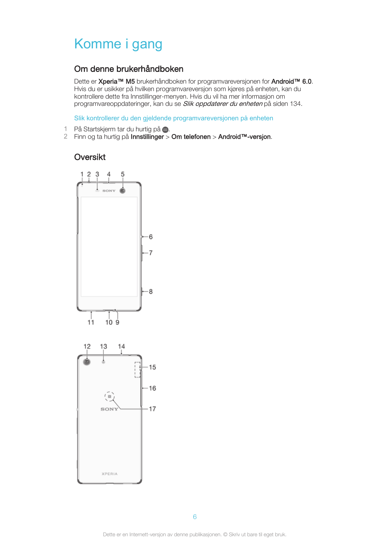 Komme i gangOm denne brukerhåndbokenDette er Xperia™ M5 brukerhåndboken for programvareversjonen for Android™ 6.0.Hvis du er usi