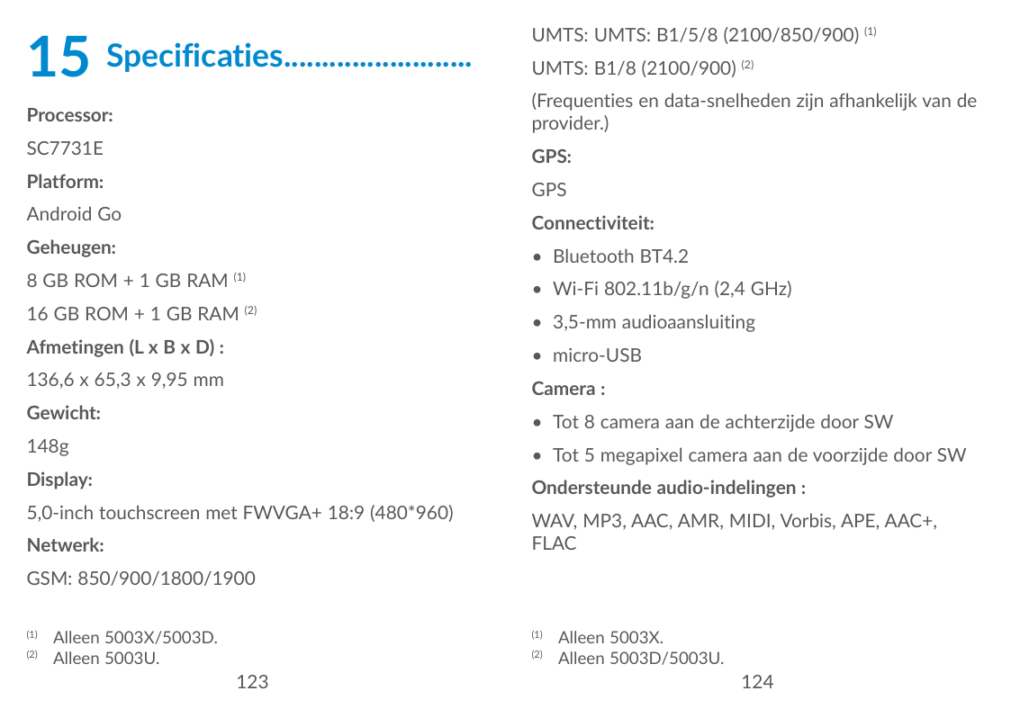 15Specificaties..........................Processor:SC7731EUMTS: UMTS: B1/5/8 (2100/850/900) (1)UMTS: B1/8 (2100/900) (2)(Frequen