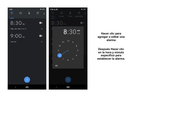 Hacer clic paraagregar o editar unaalarmaDespués Hacer clicen la hora y minutoespecífico paraestablecer la alarma.