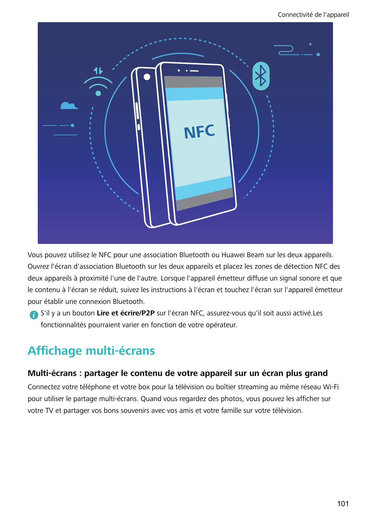 Connectivité de l'appareilNFCVous pouvez utilisez le NFC pour une association Bluetooth ou Huawei Beam sur les deux appareils.Ou