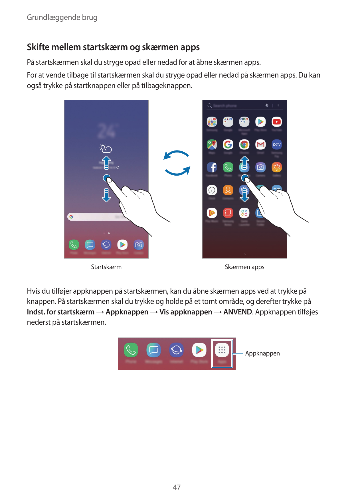Grundlæggende brugSkifte mellem startskærm og skærmen appsPå startskærmen skal du stryge opad eller nedad for at åbne skærmen ap