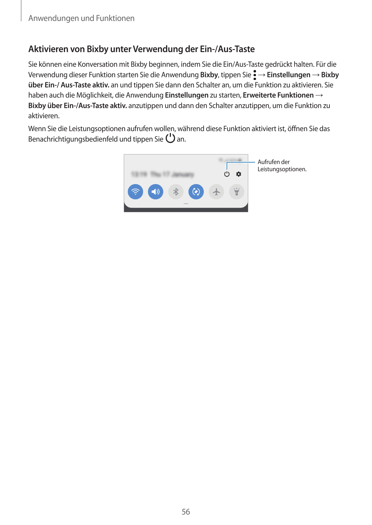 Anwendungen und FunktionenAktivieren von Bixby unter Verwendung der Ein-/Aus-TasteSie können eine Konversation mit Bixby beginne