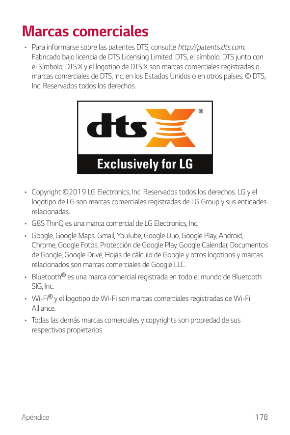 Marcas comerciales• Para informarse sobre las patentes DTS, consulte http://patents.dts.com.Fabricado bajo licencia de DTS Licen