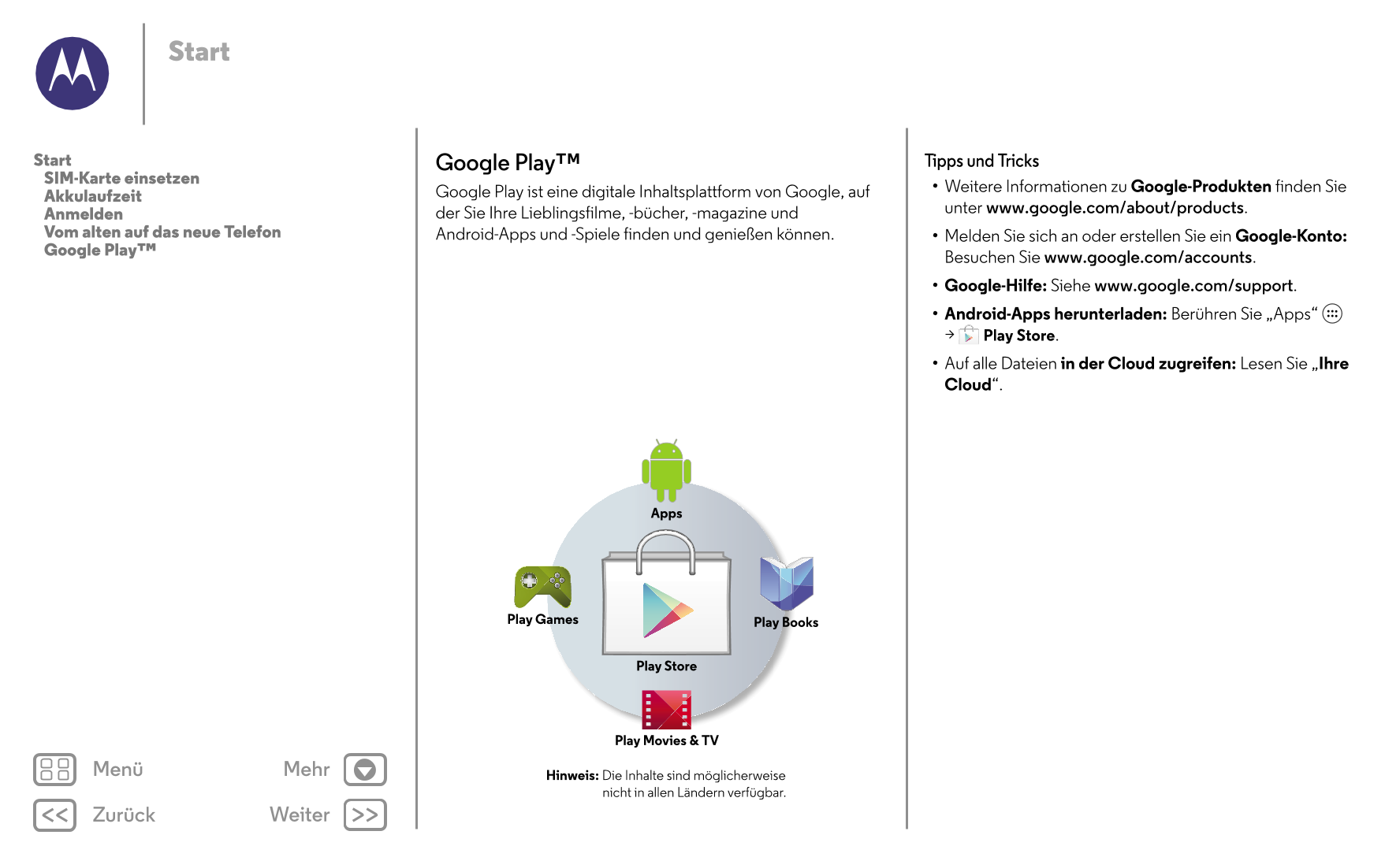 Start
Start Google Play™ Tipps und Tricks
   SIM-Karte einsetzen
   Akkulaufzeit Google Play ist eine digitale Inhaltsplattform 