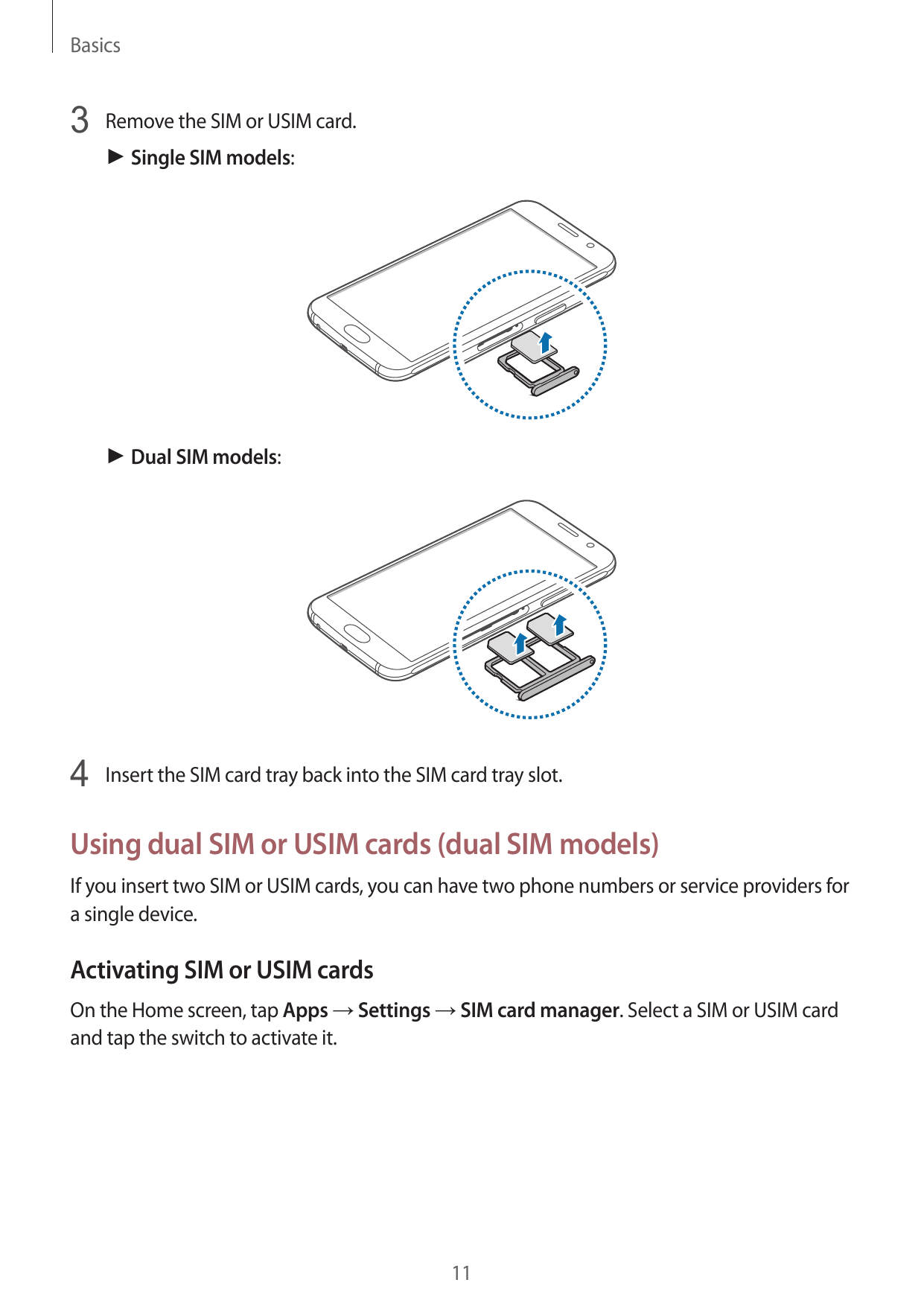 Basics3 Remove the SIM or USIM card.► Single SIM models:► Dual SIM models:4 Insert the SIM card tray back into the SIM card tray