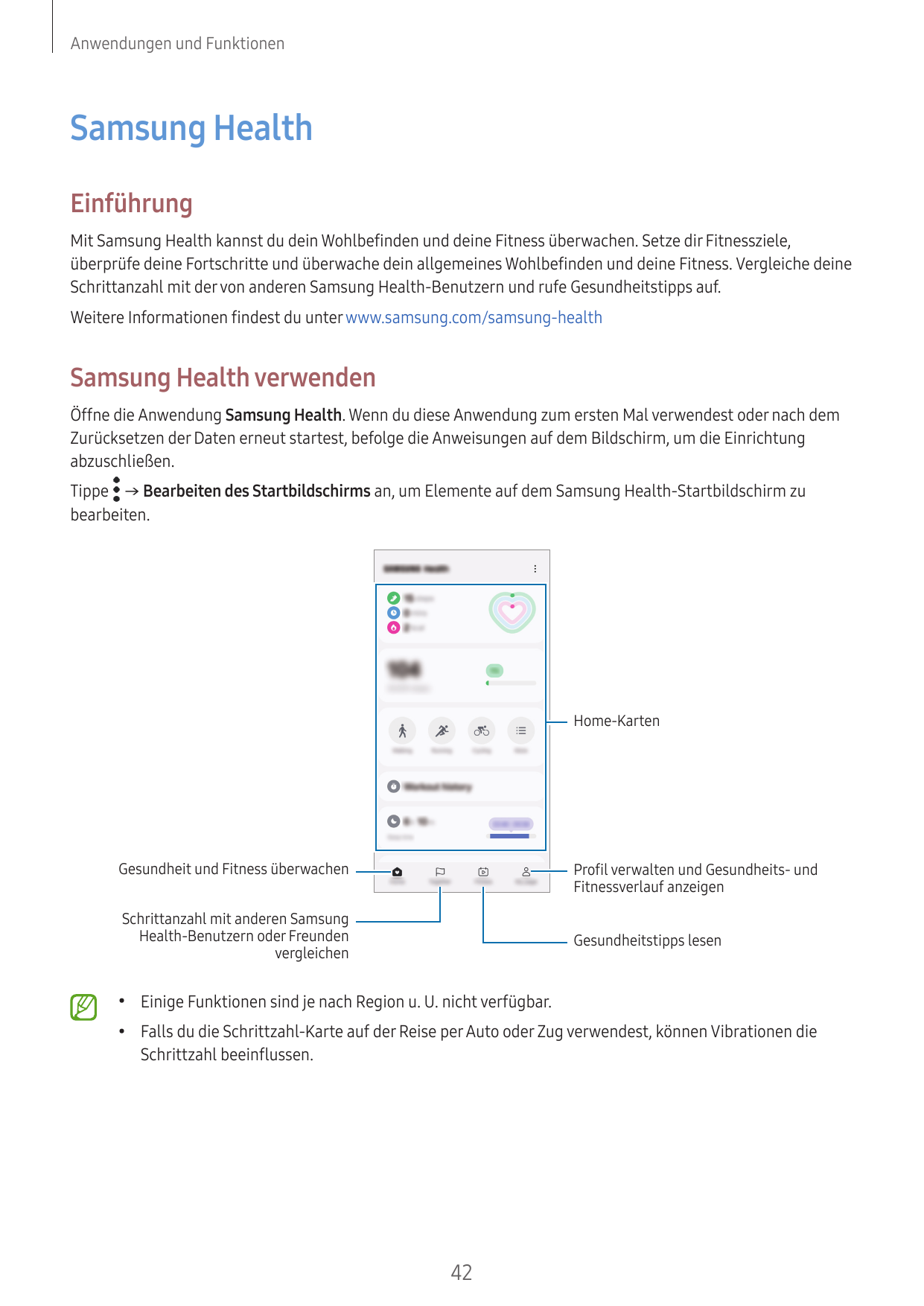 Anwendungen und FunktionenSamsung HealthEinführungMit Samsung Health kannst du dein Wohlbefinden und deine Fitness überwachen. S