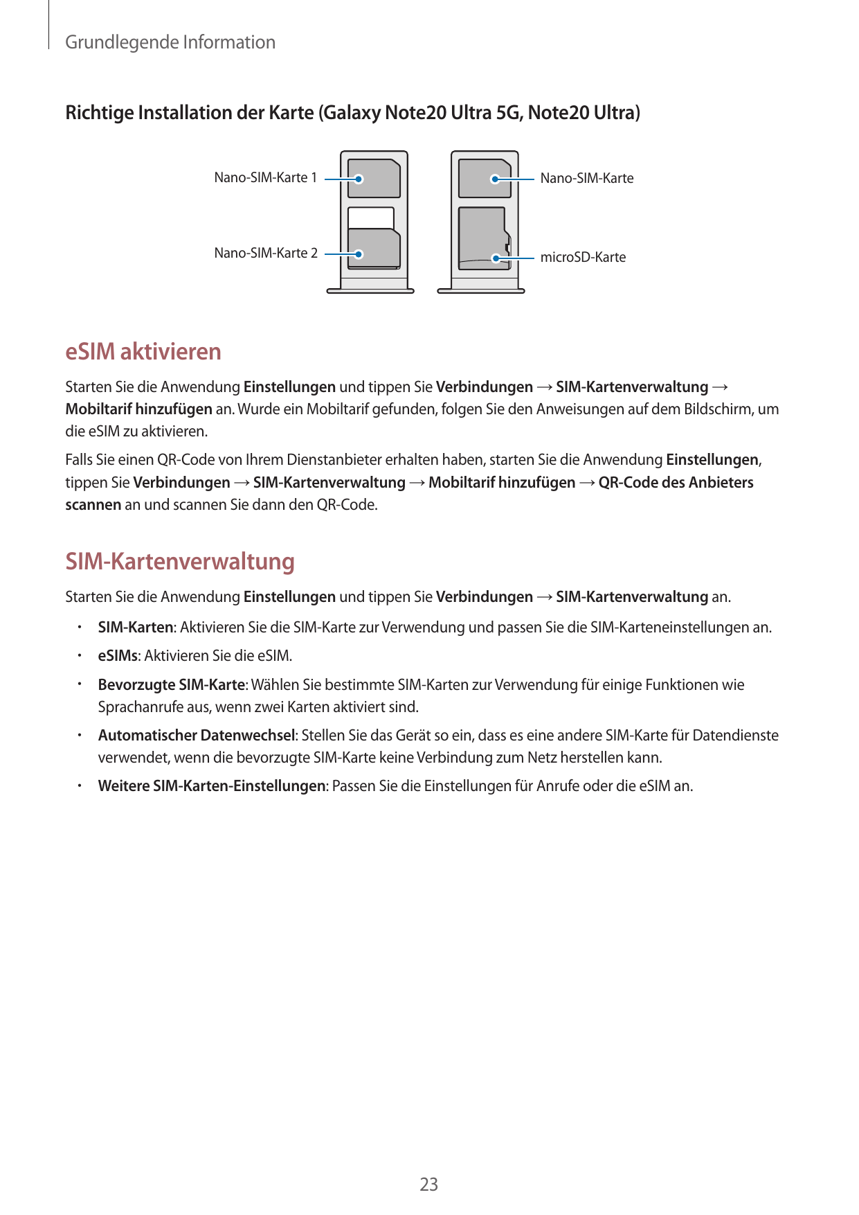 Grundlegende InformationRichtige Installation der Karte (Galaxy Note20 Ultra 5G, Note20 Ultra)Nano-SIM-Karte 1Nano-SIM-KarteNano
