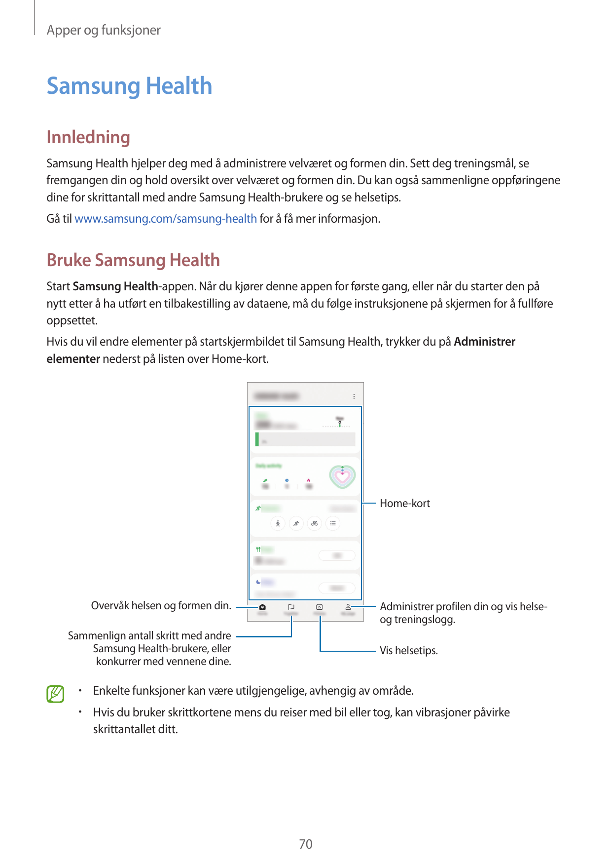 Apper og funksjonerSamsung HealthInnledningSamsung Health hjelper deg med å administrere velværet og formen din. Sett deg trenin