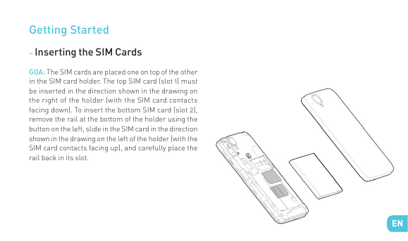Getting Started~ Inserting the SIM CardsGOA: The SIM cards are placed one on top of the otherin the SIM card holder. The top SIM