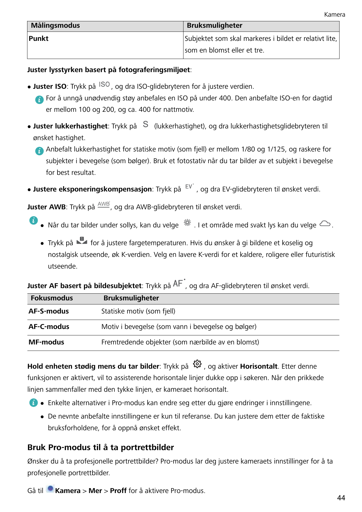 KameraMålingsmodusBruksmuligheterPunktSubjektet som skal markeres i bildet er relativt lite,som en blomst eller et tre.Juster ly