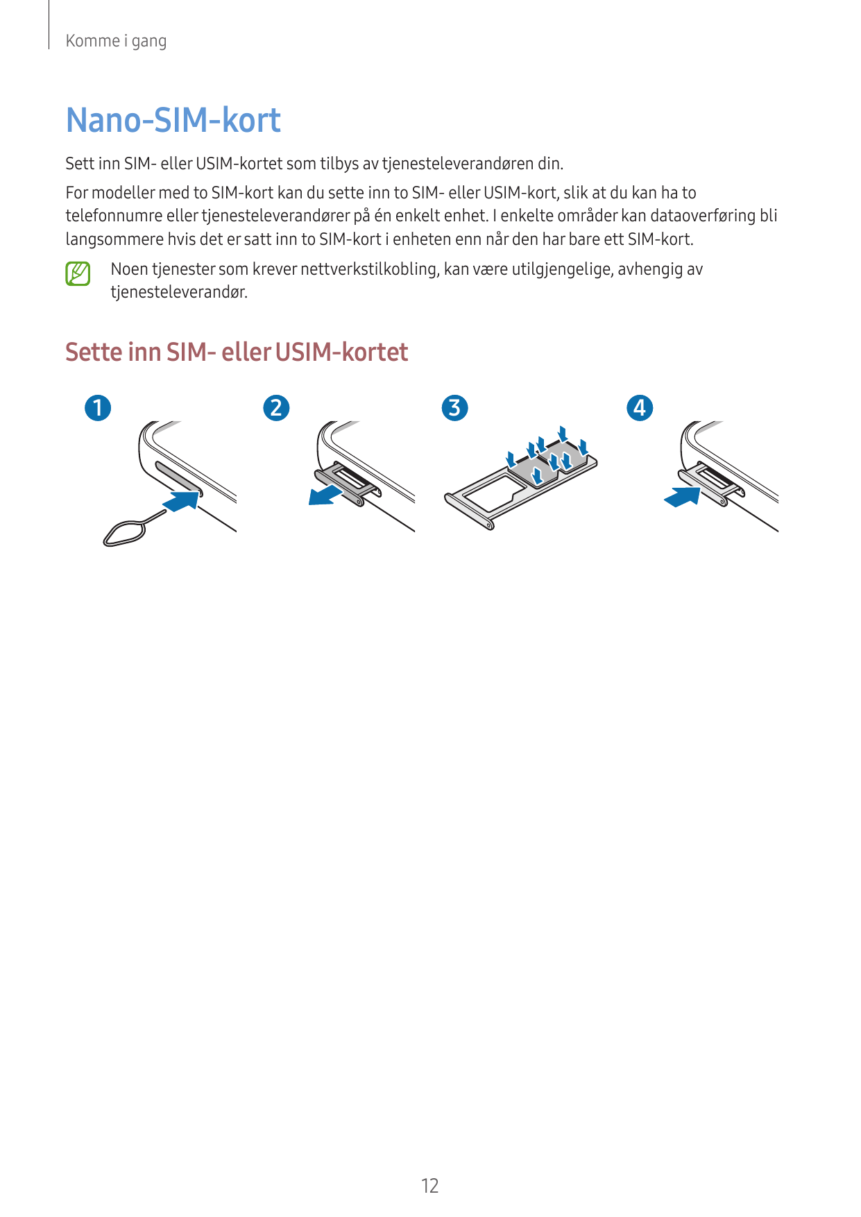 Komme i gangNano-SIM-kortSett inn SIM- eller USIM-kortet som tilbys av tjenesteleverandøren din.For modeller med to SIM-kort kan