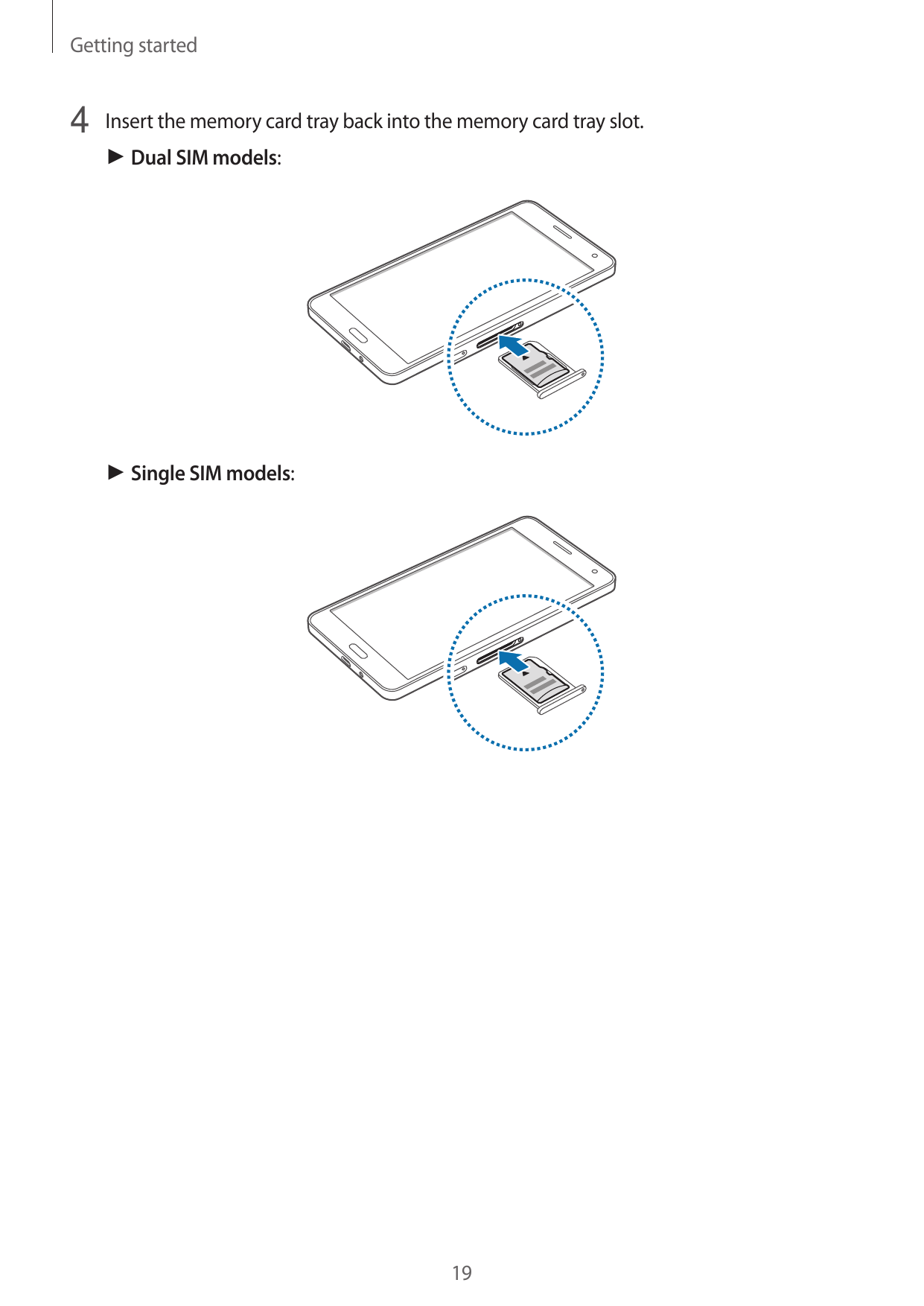 Getting started4 Insert the memory card tray back into the memory card tray slot.► Dual SIM models:► Single SIM models:19