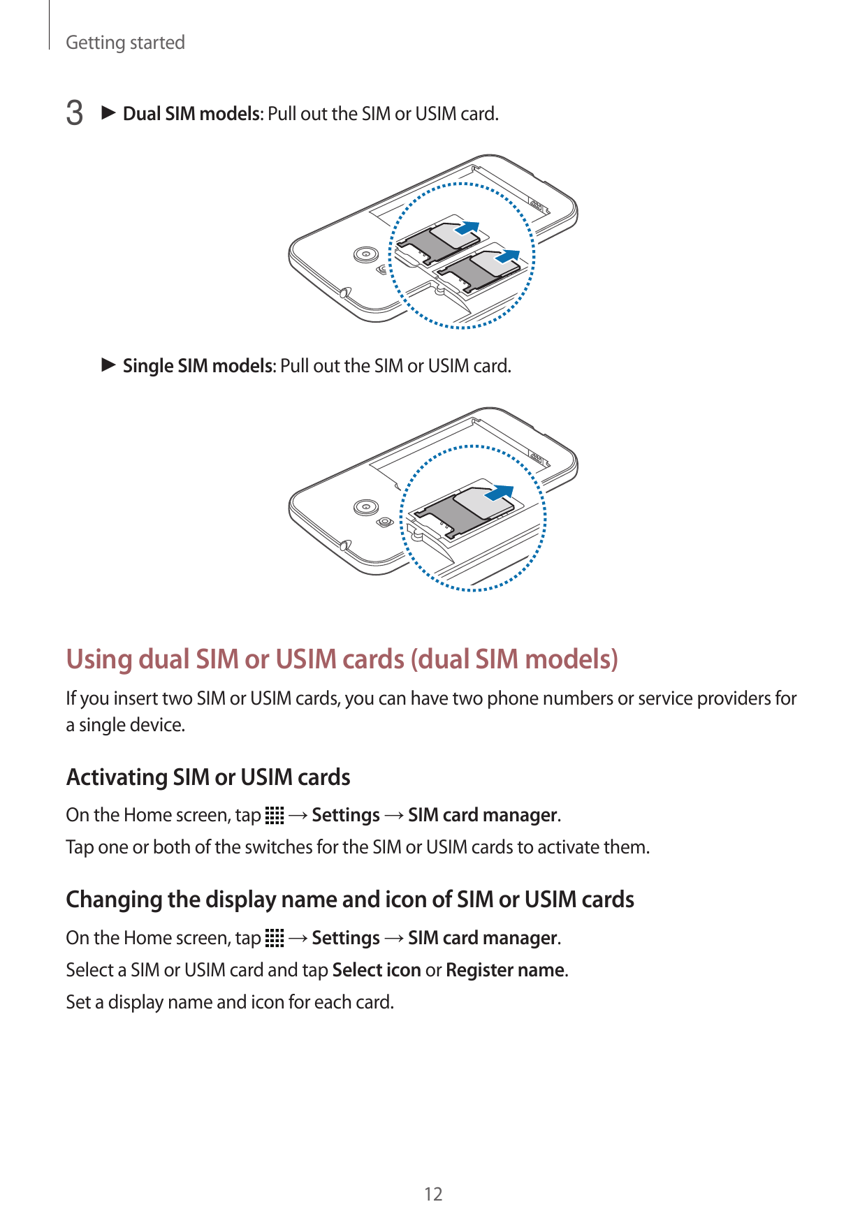 Getting started3 ► Dual SIM models: Pull out the SIM or USIM card.► Single SIM models: Pull out the SIM or USIM card.Using dual 