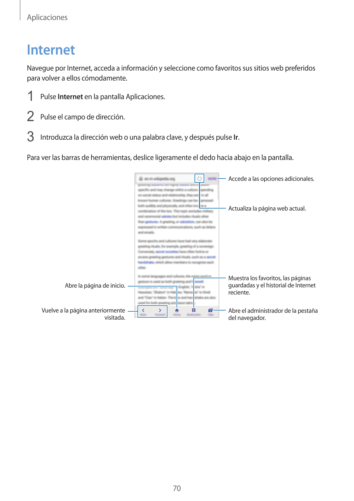 AplicacionesInternetNavegue por Internet, acceda a información y seleccione como favoritos sus sitios web preferidospara volver 