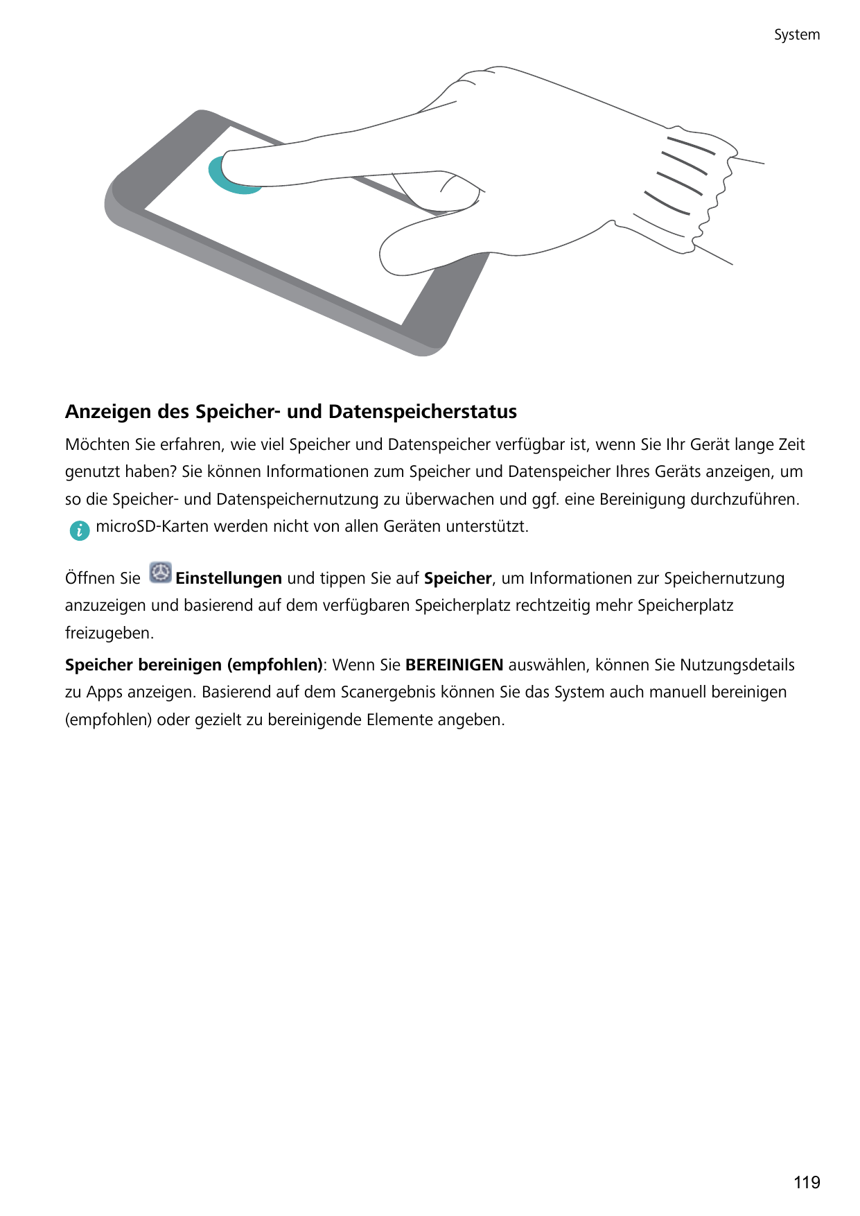 SystemAnzeigen des Speicher- und DatenspeicherstatusMöchten Sie erfahren, wie viel Speicher und Datenspeicher verfügbar ist, wen