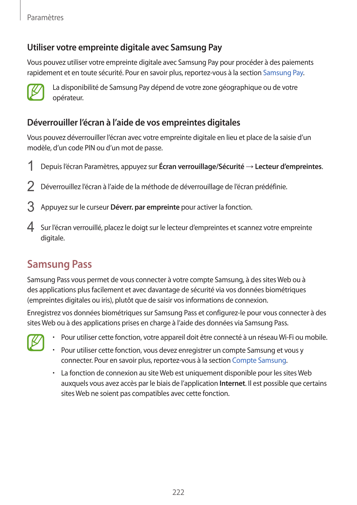 ParamètresUtiliser votre empreinte digitale avec Samsung PayVous pouvez utiliser votre empreinte digitale avec Samsung Pay pour 