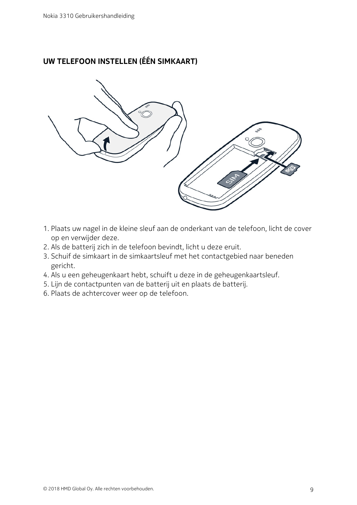 Nokia 3310 GebruikershandleidingUW TELEFOON INSTELLEN (ÉÉN SIMKAART)1. Plaats uw nagel in de kleine sleuf aan de onderkant van d