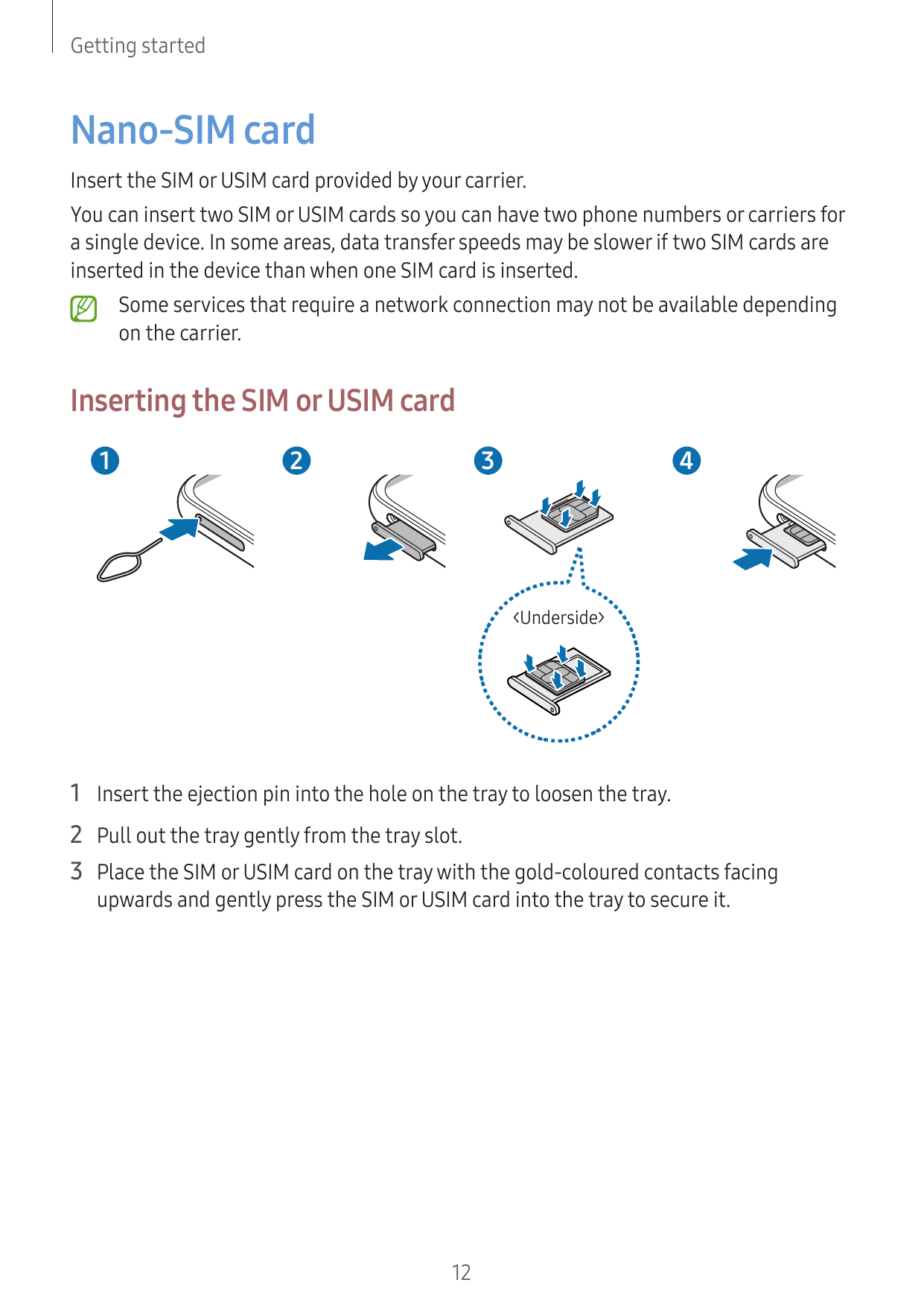Getting startedNano-SIM cardInsert the SIM or USIM card provided by your carrier.You can insert two SIM or USIM cards so you can